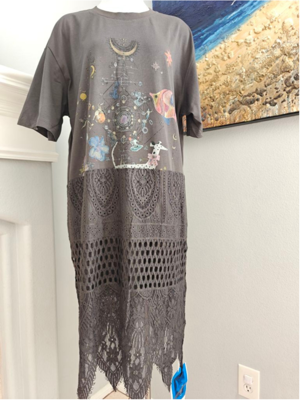 Women's Gray Multicolor Graphic Lace Trim T-Shirt Dress